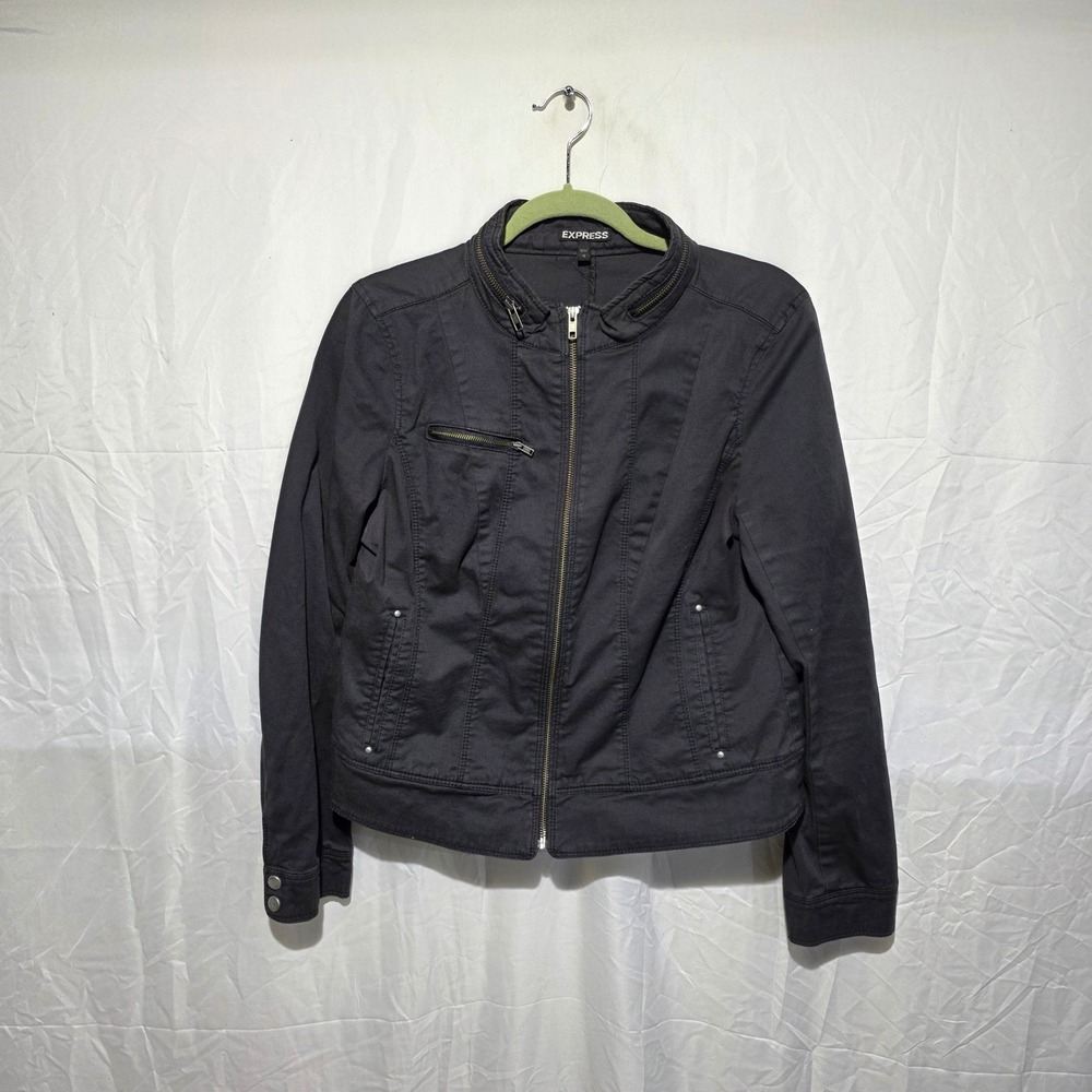 Express Womens Military Moto Jacket Charcoal Gray Full Zip Stretch Size 12